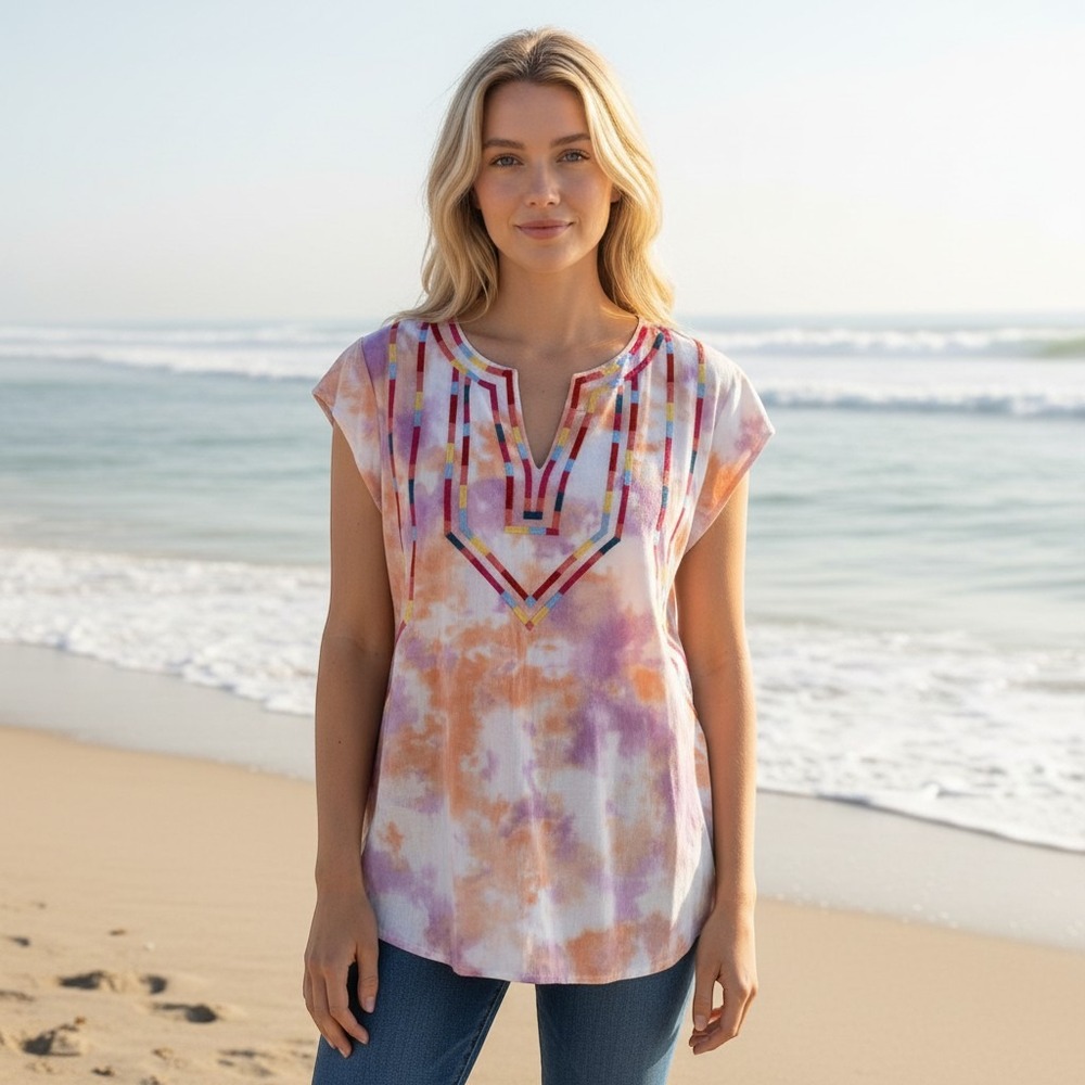 Savanna Jane‎ Top Shirt Medium Women's Orange & Pink Tie Dyed Island Hideaway